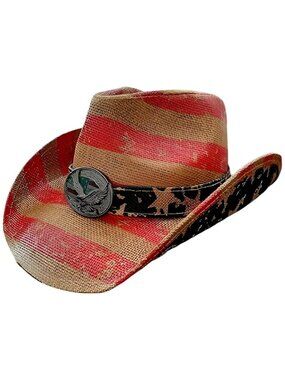 STRAW COWBOY HAT - American Flag Pattern with Eagle Concho Band (Adult Size)